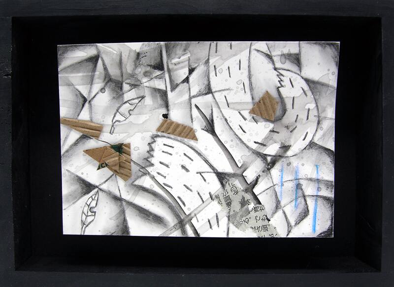 Yukio Kevin Iraha's abstract mixed media image of river with series of collaged materials. 