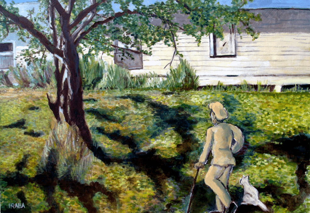 Yukio Kevin Iraha sees a man with cat strolling in the afternoon. Sunlight shows peculiar shadows in the lawn. 