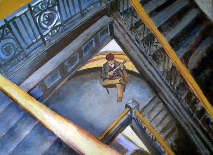 Yukio kevin Iraha acrylic paints of mandolin player in a Victorian building. Stairs and windows with light. Music echoes. 