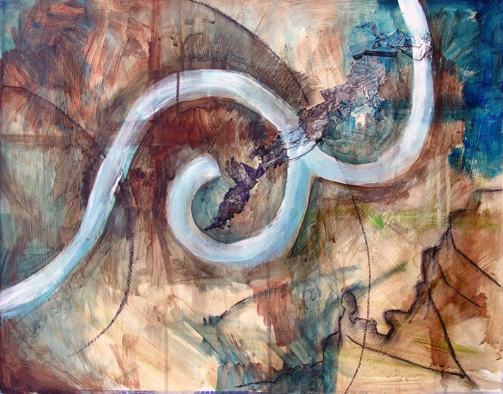 artist yukio kevin iraha's abstract painting about a river. Series of color overlays along with collage, pastel, graphite, charcoal done on paper. 