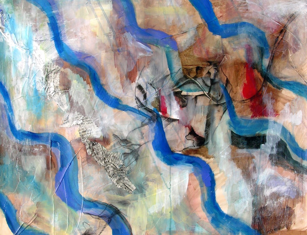 artist yukio kevin iraha's abstract painting about a river. Series of color overlays along with collage, pastel, graphite, charcoal done on paper. 
