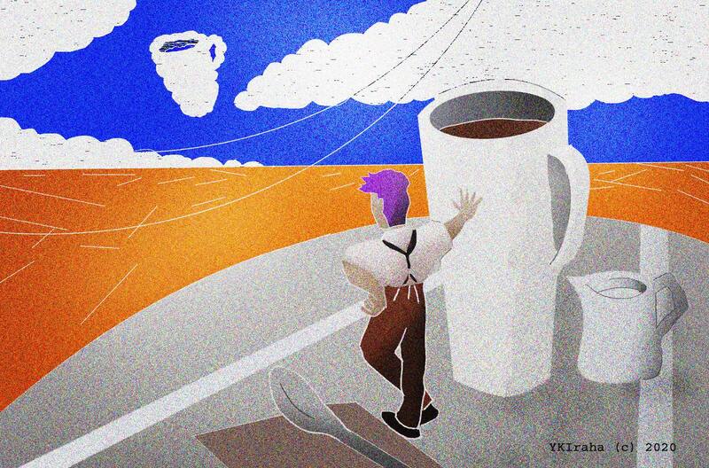 Yukio Kevin Iraha's digital illustration about a coffee planter looking out in the field and sees coffee shaped cloud. 